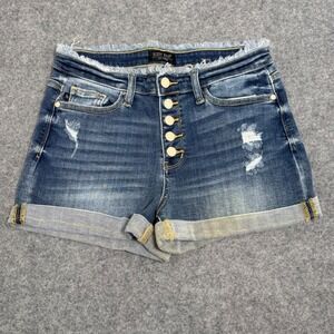 Judy Blue Distressed Button Fly Denim Shorts Frayed Hem Cuffed Women's L